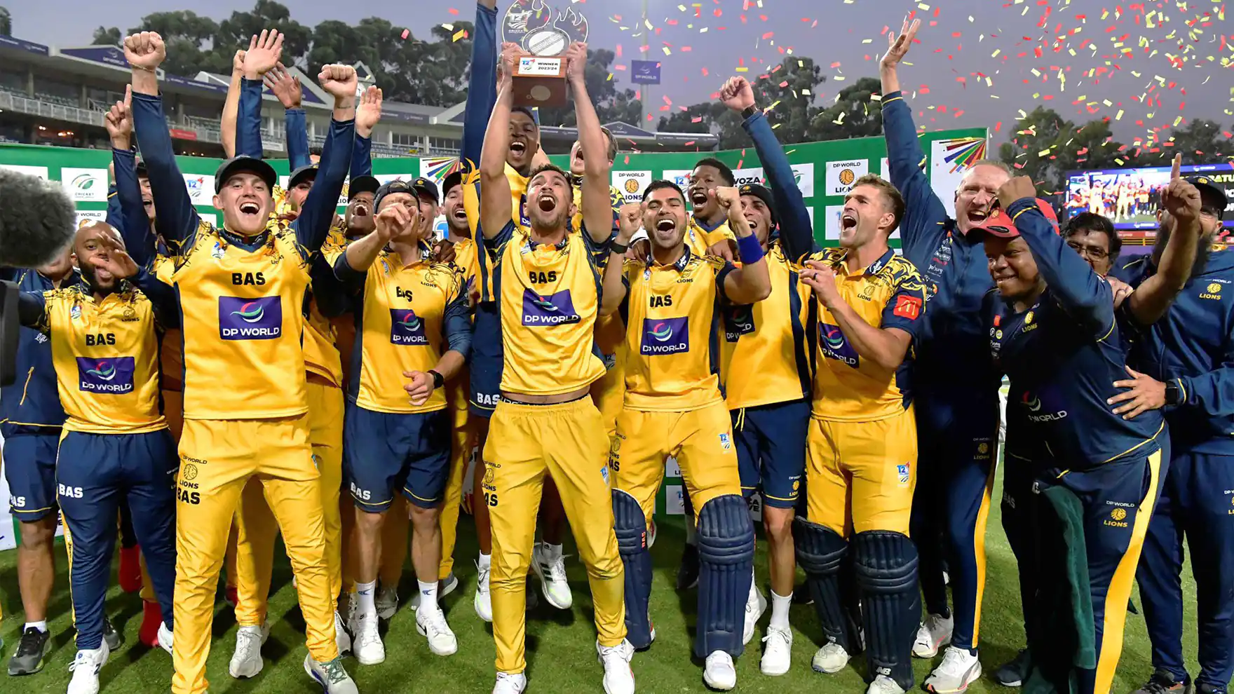 Lions cricket team celebrating T20 tournament victory