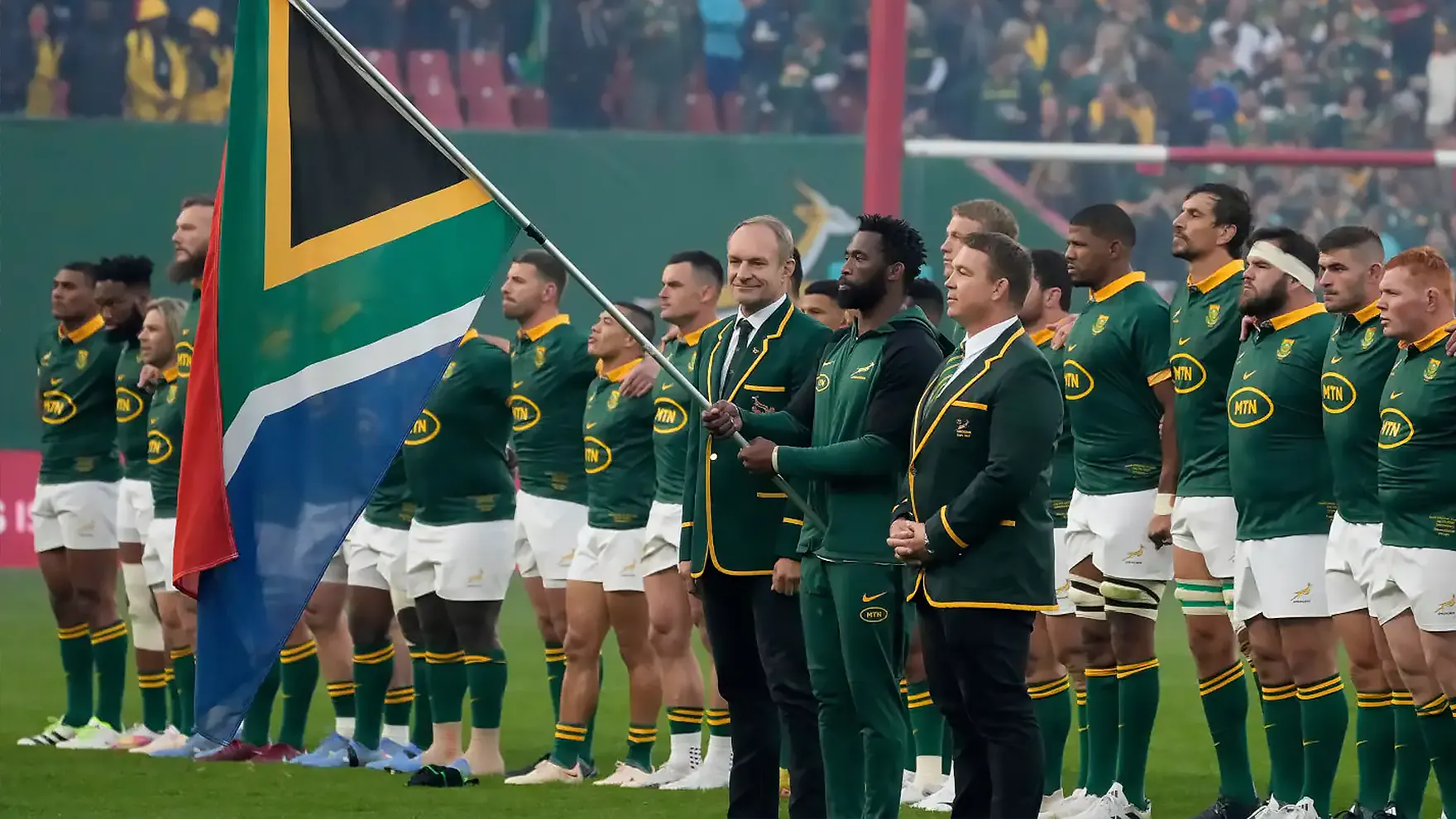 Springboks line up for the South African National Anthem