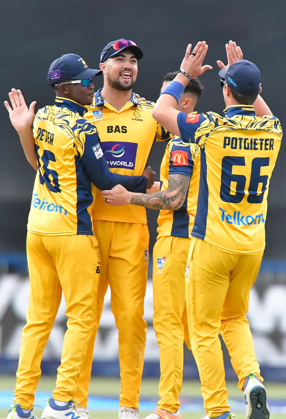 DP World Cricket Players celebrating after a wicket