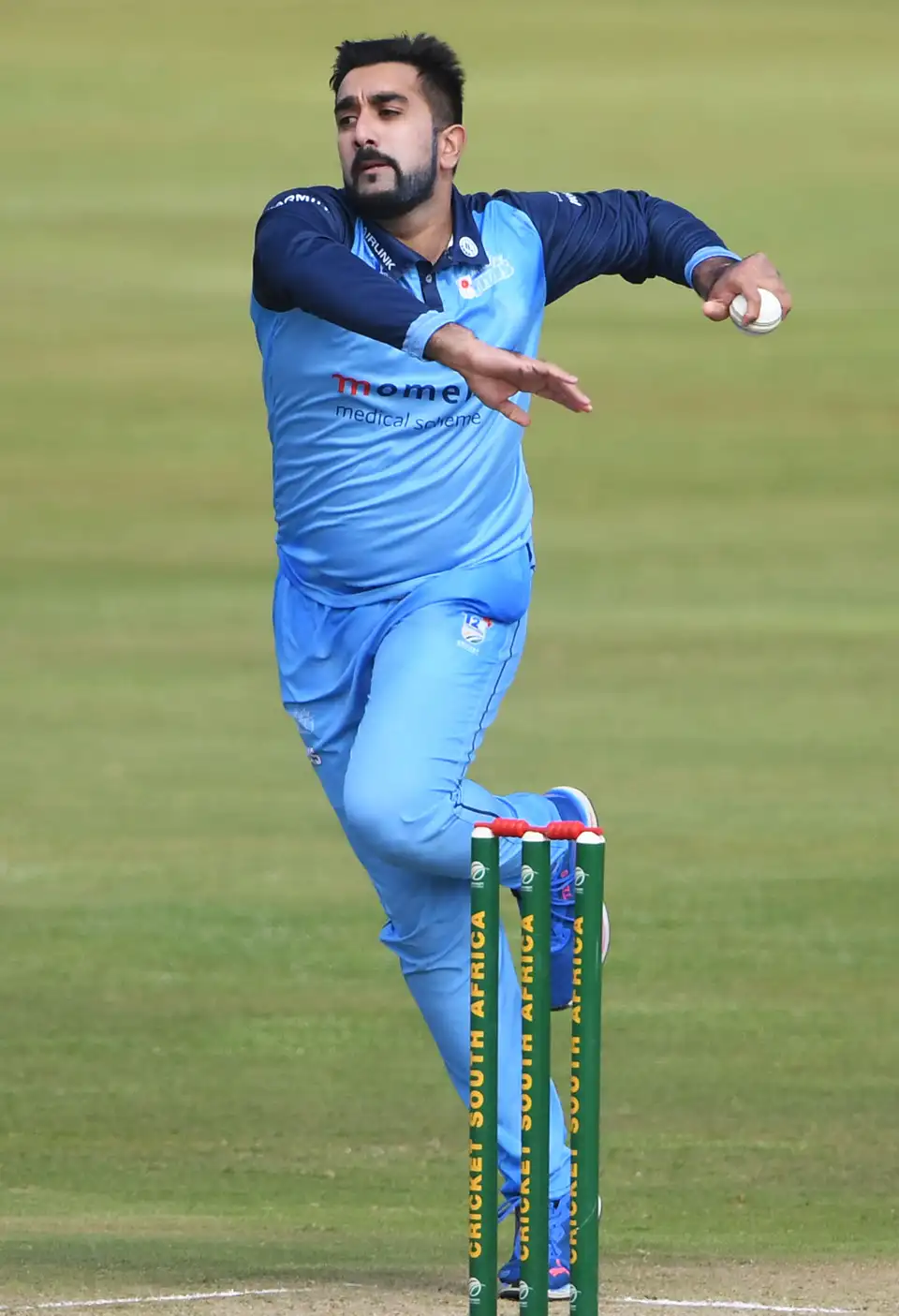 Tabraiz Shamsi bowling a balling for the Multiply Titans